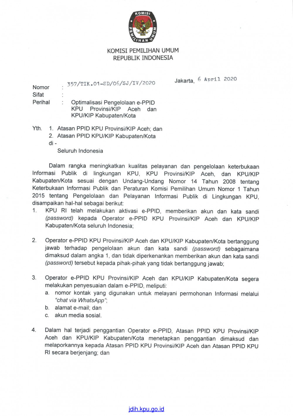 E PPID Surat Dinas Komisi Pemilihan Umum Nomor 357 TIK 01 SD 06 SJ IV